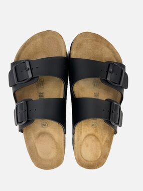 Cushionaire Lane Double Buckle Slide Sandals Black Cork Footbed Size 7